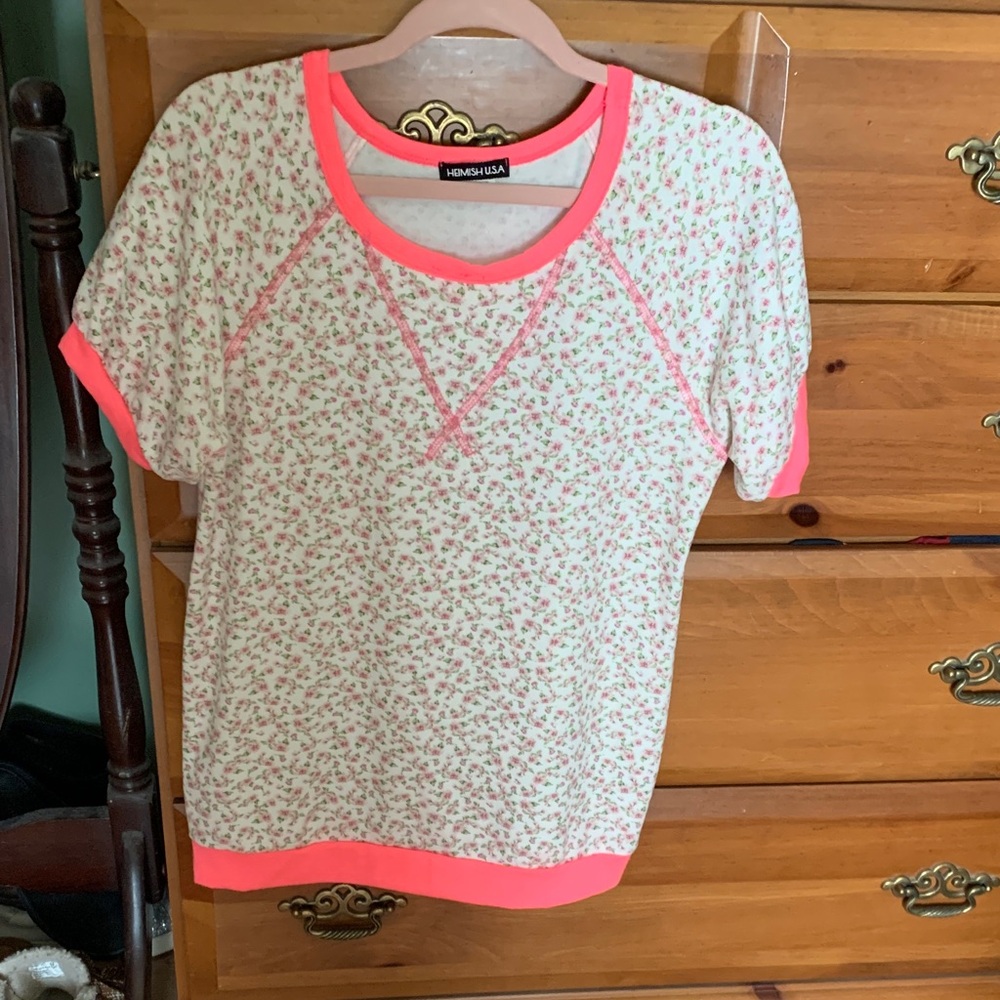 HEIMISH USA Cream Floral Short Sleeve Sweatshirt with Coral Trim